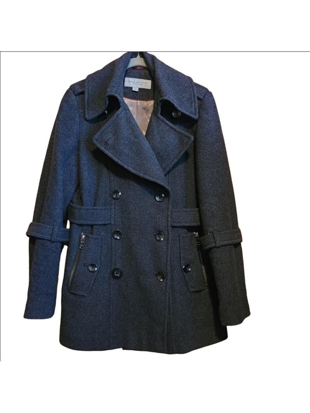 MARC NY DOUBLE BREASTED DARK GRAY WOOL COAT UNIQUE DETAILS GALORE SIZE 6 EUC